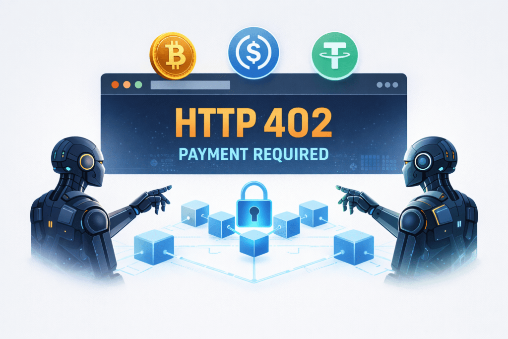 llustration showing AI agents conducting automated payments through a browser using HTTP 402, with blockchain as a trust layer and stablecoin symbols (USDC, USDT) representing machine-to-machine commerce.