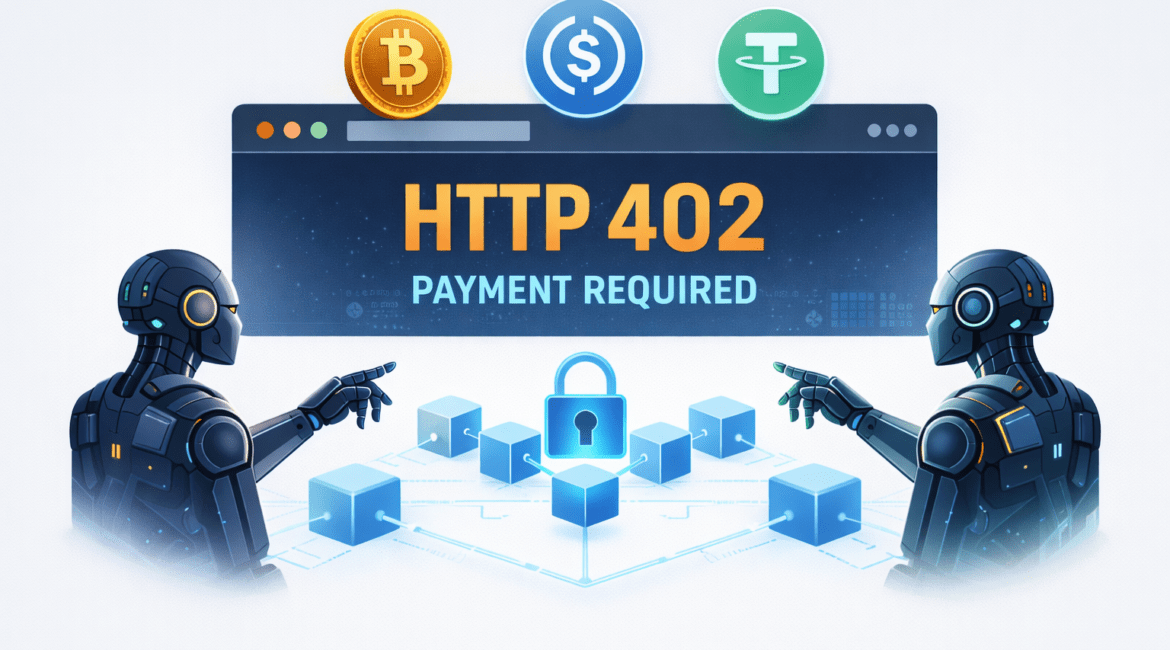 llustration showing AI agents conducting automated payments through a browser using HTTP 402, with blockchain as a trust layer and stablecoin symbols (USDC, USDT) representing machine-to-machine commerce.