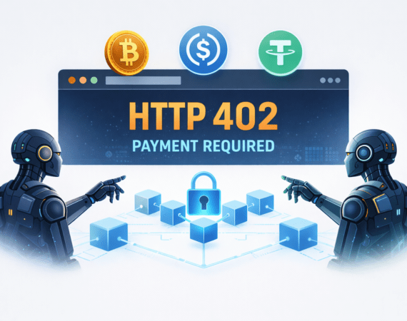 llustration showing AI agents conducting automated payments through a browser using HTTP 402, with blockchain as a trust layer and stablecoin symbols (USDC, USDT) representing machine-to-machine commerce.